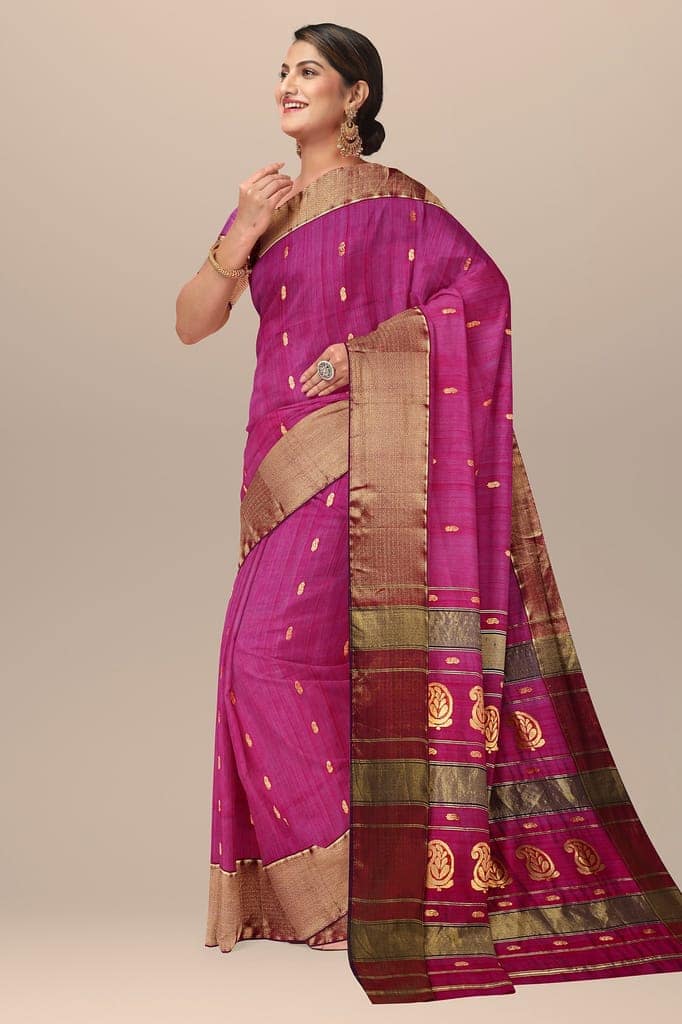 Rani Pink Handwoven Traditional Buti Maheshwari Silk with Zari Border Saree SKU-BS10113 view 2