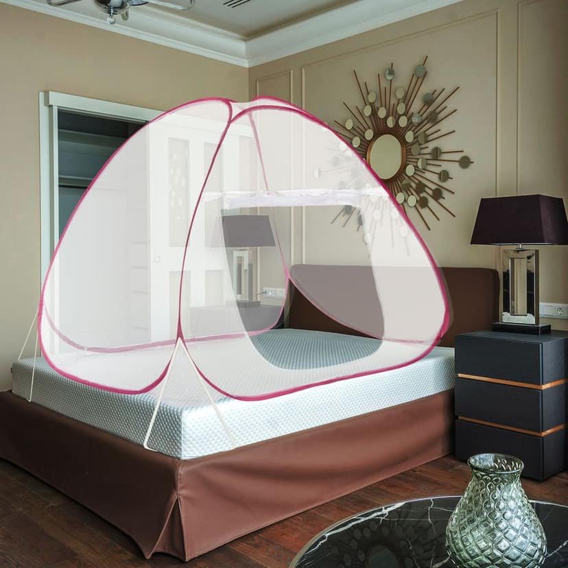 GLOBAL IMPEX Foldable Mosquito Net for King Size Double Bed – 30 GSM Polyester Machardani with Rustproof PVC Coated Steel Frame – Easy Setup for Home Use (White & Pink) view 2