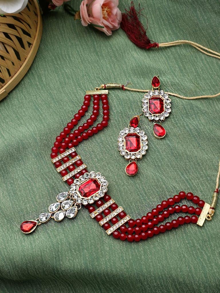 Cardinal Maroon Color Onyx Multistring Choker Necklace Set view 2