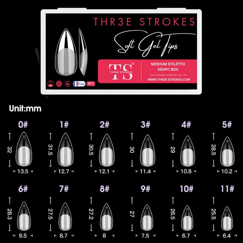 THR3E STROKES Soft GelNail Tips, Full Cover Clear Soft NailTips for Artificial False Nails Extension Nail Salons DIY NailArt with Box, 550PCS (MEDIUM STILLETO P5) THR3E STROKES Soft GelNail Tips, Full Cover Clear Soft NailTips for Artificial False Nails view 2