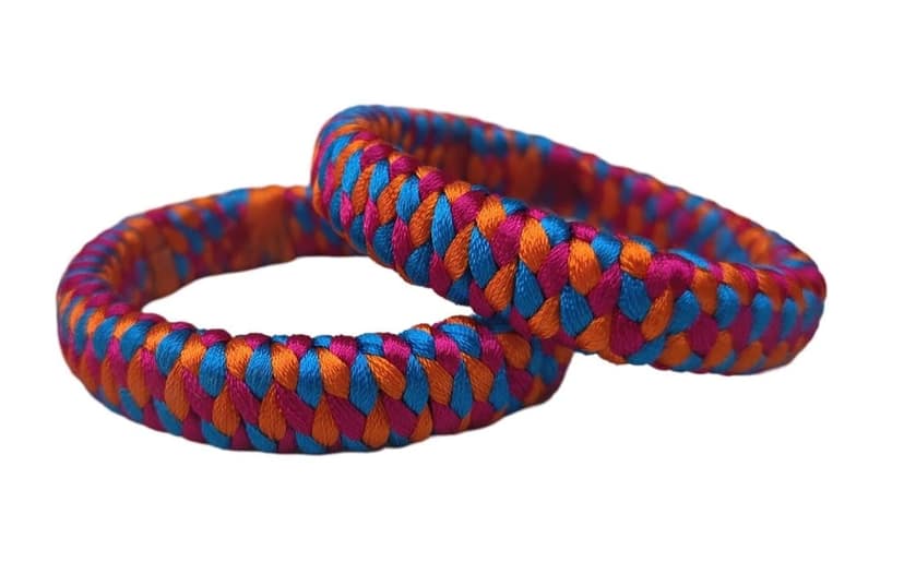 Handmade Braided Fabric Bangle in Blue, Orange and Pink view 2