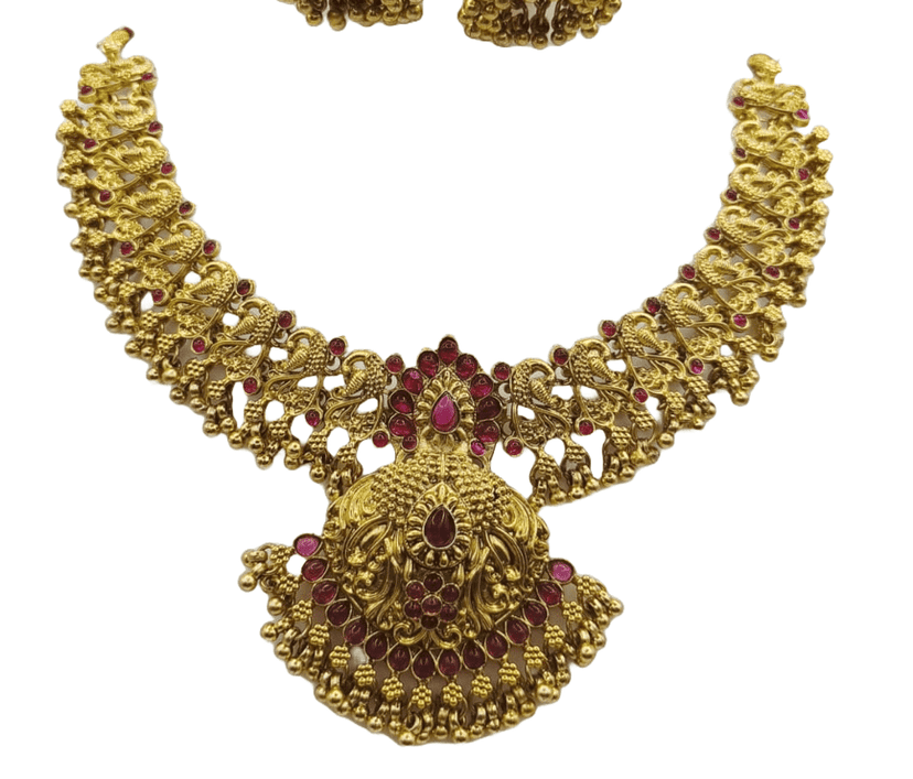 Gold-plated antique finish traditional ethnic temple jewellery necklace set with earrings for women view 2