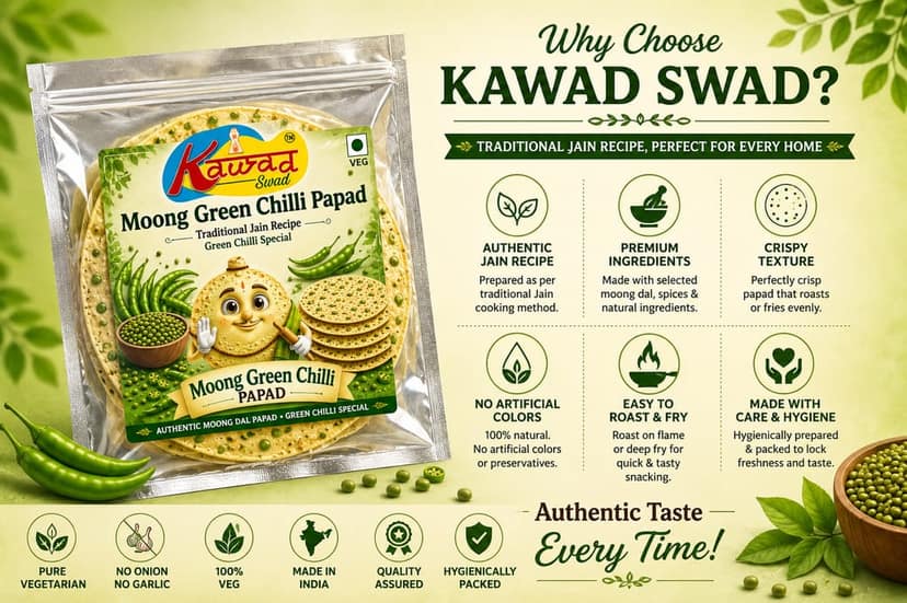 KAWAD SWAD Moong Green Chilli Papad 1000g | Traditional Jain Recipe view 2