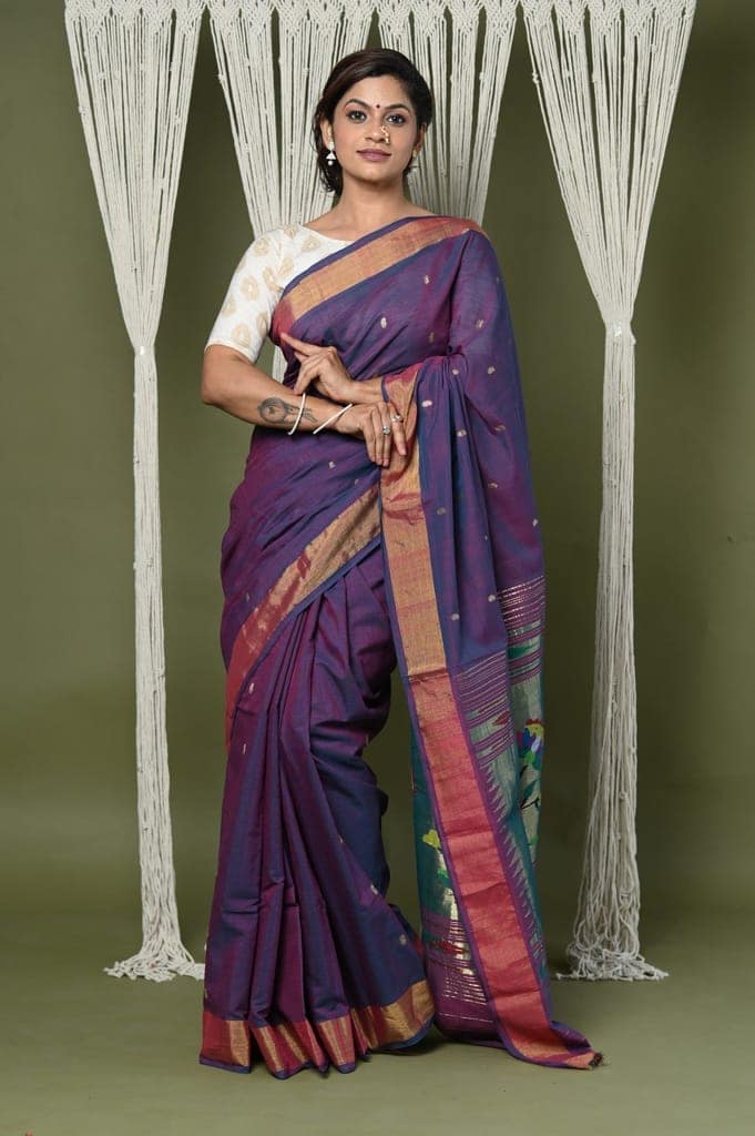 EXCLUSIVE! Handloom Pure Cotton Paithani With Lotus Pallu~ Dark Violet view 2