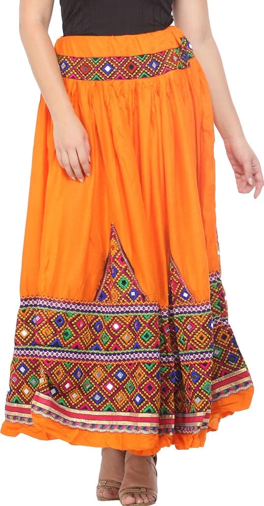Vibrant-Orange Ghagra Skirt from Kutch with Multicolor Thread Embroidered Patch Border and Mirrors view 2