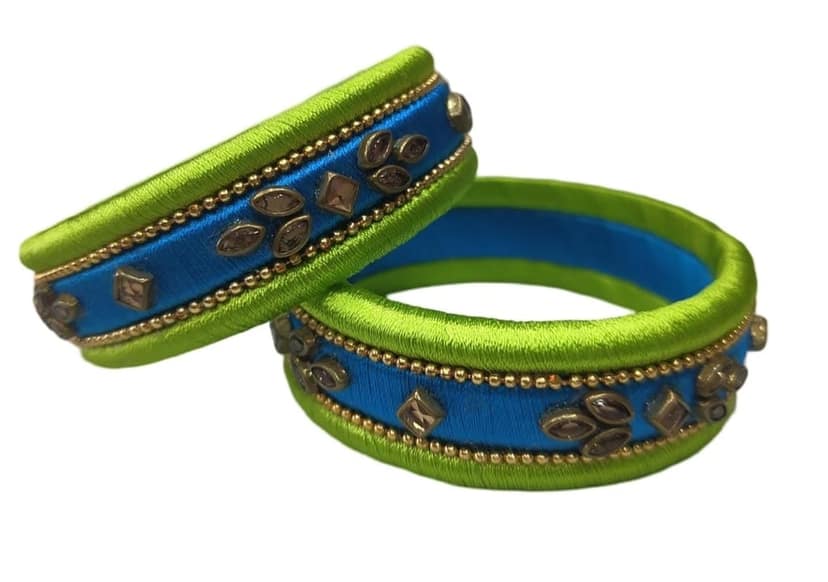 Green and Blue Silk Thread Bangle Set with Stone and Pearl Embellishment view 2