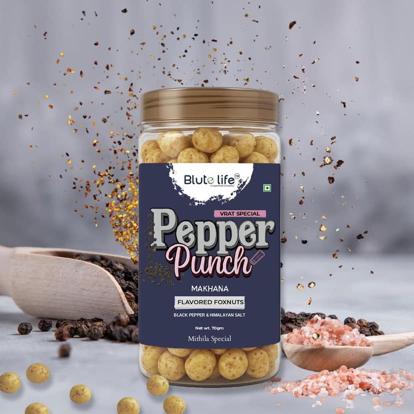 Blute life Roasted/Flavoured Makhana | High In Protein | High Fiber | Calcium Rich | Low Cholestrol | No Palm Oil | 80g Pack (Super Crunchy Roasted/Flavoured Pepper Punch Makhana) view 2