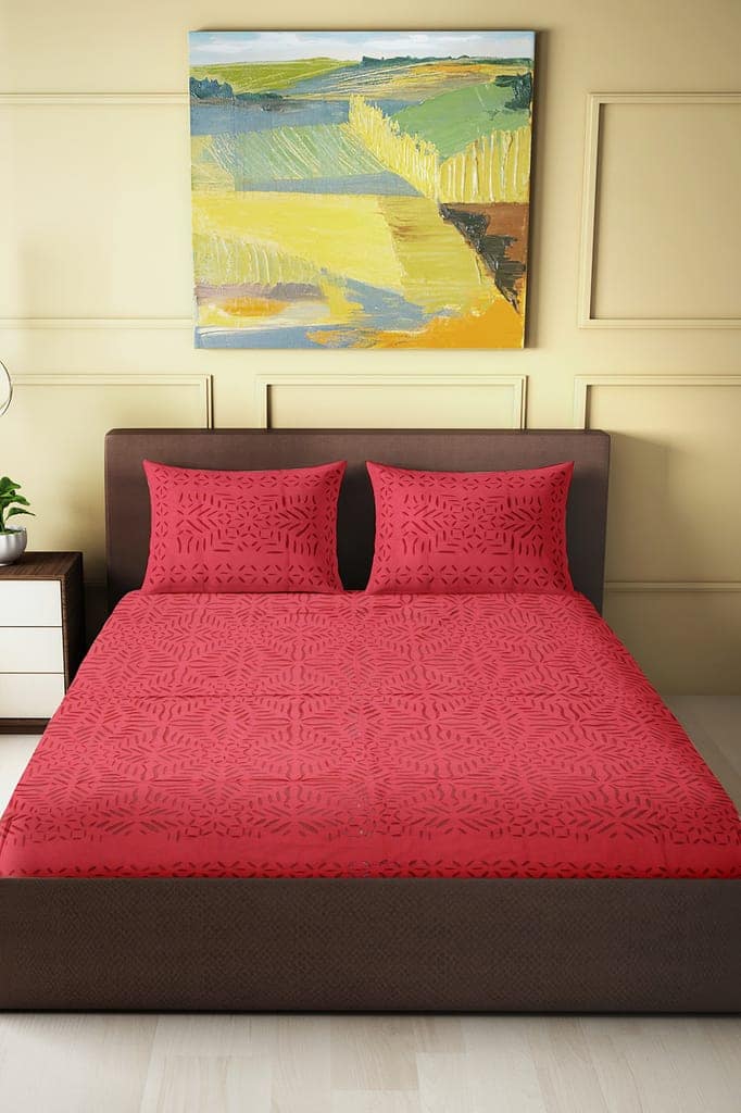 Garvi Gurjari (A Gujarat Govt Enterprise) Red Handmade Applique Work Cotton Bed Cover Set With Pillow Covers view 2