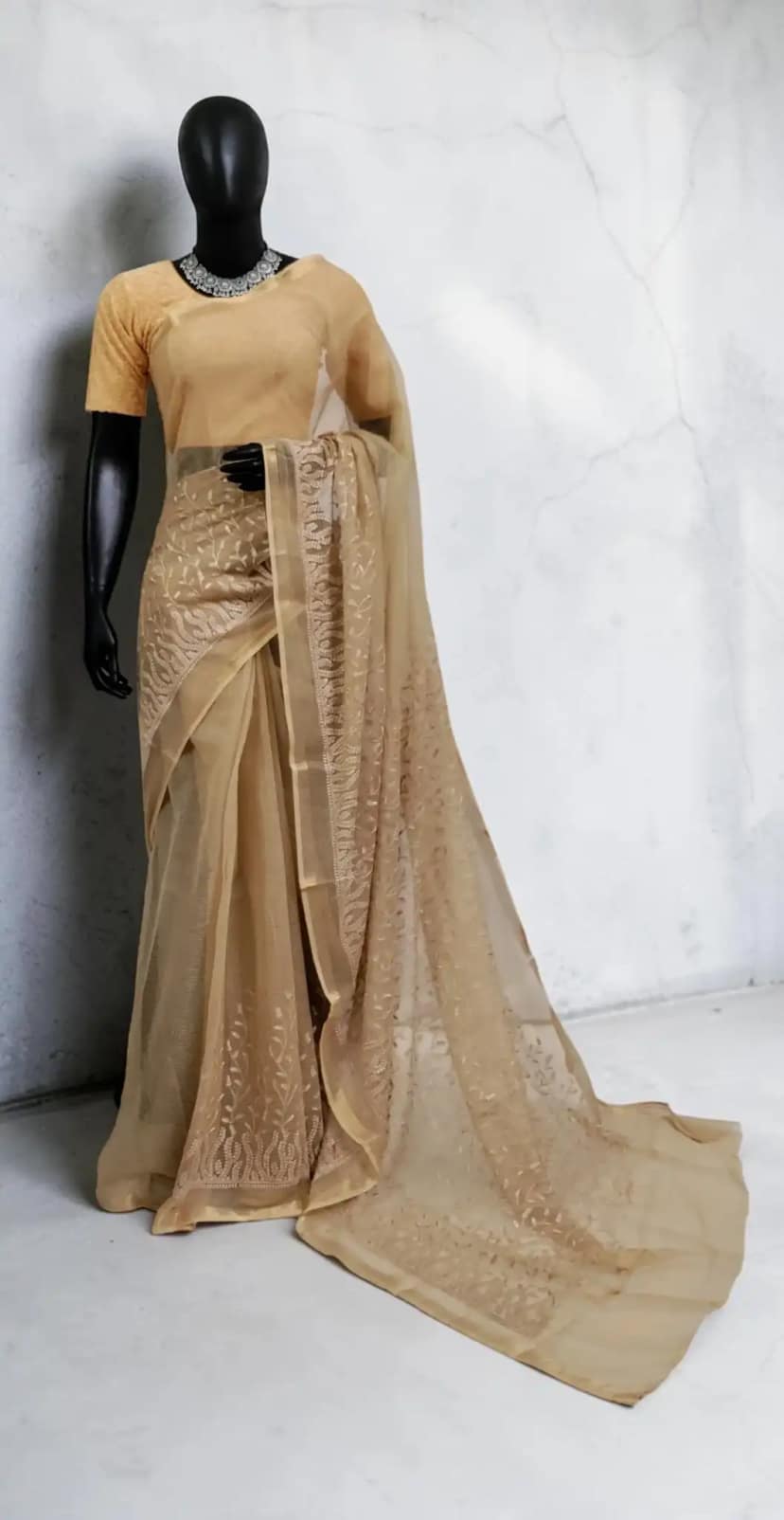 Beige Kota Doria Cotton-Silk Saree with Block Print and Zari Border