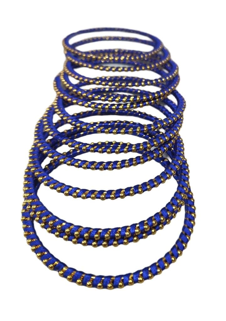 Blue Silk Thread Bangle Set with Golden Beads view 2
