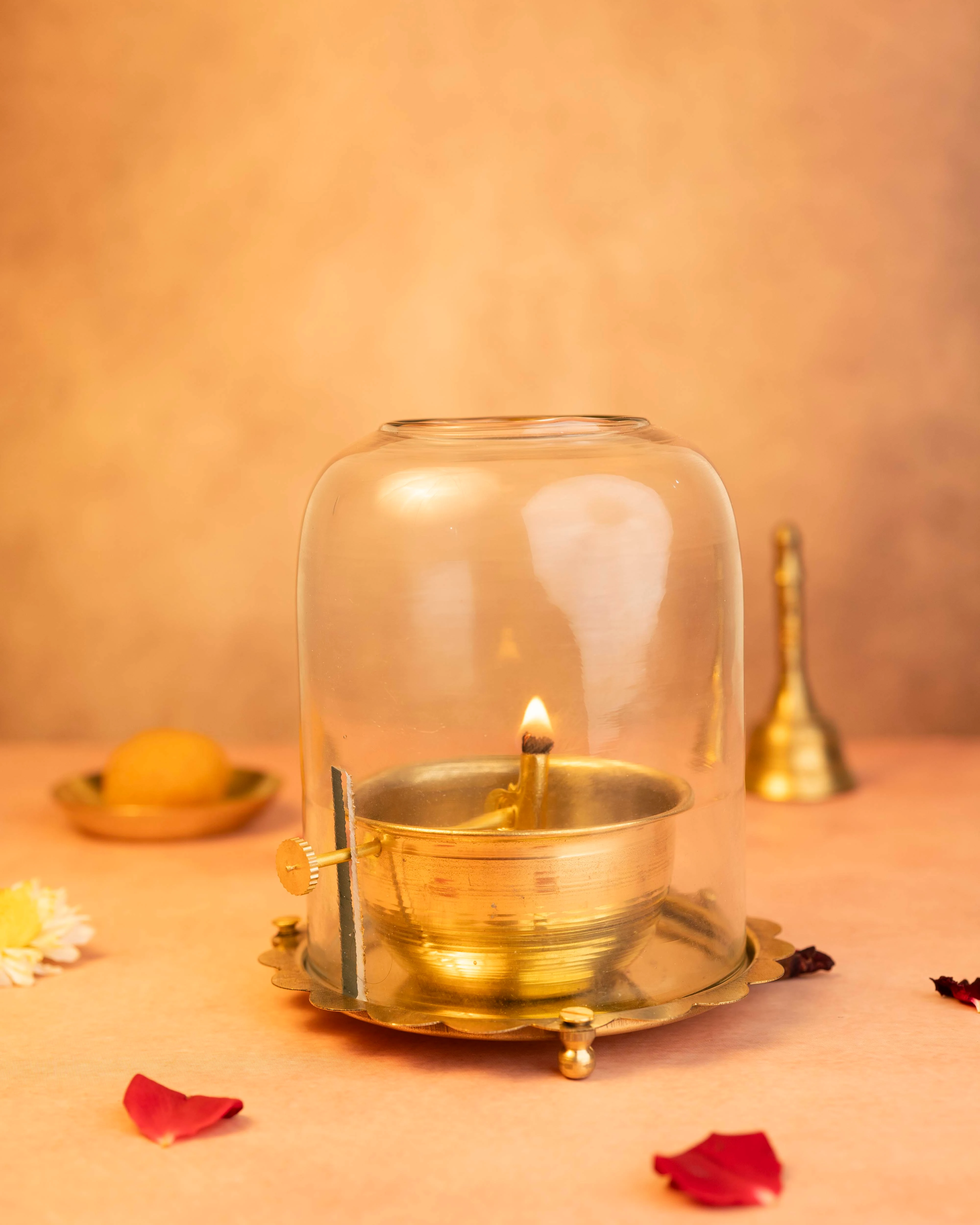 Swarajya India Brass Akhand Diya with Borosilicate Glass Cover | Adjustable Wick Screw | 250 ml Oil Capacity | Long-Lasting 72 Hours Burning | Large Size for Pooja & Festivals view 2