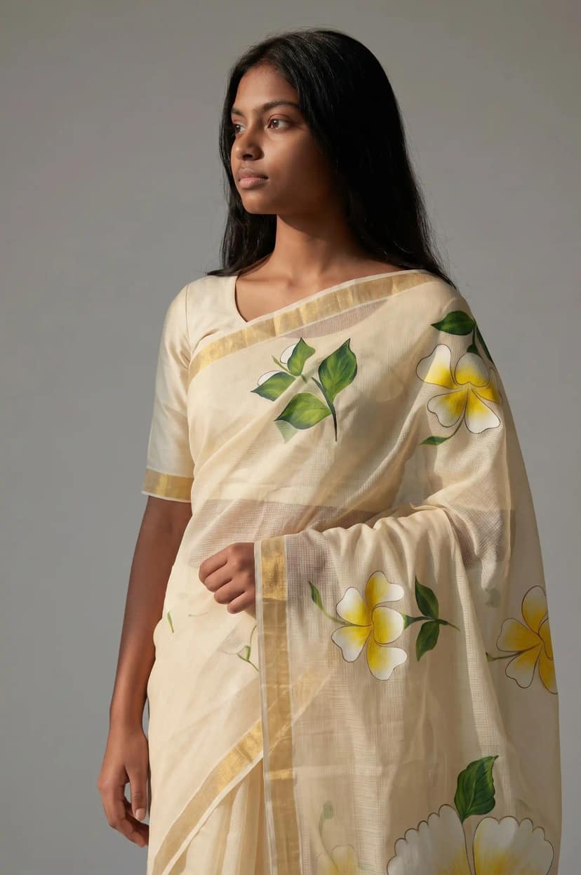 Handwoven Kota Doria Silk Saree in Ivory with Golden Woven Border view 2