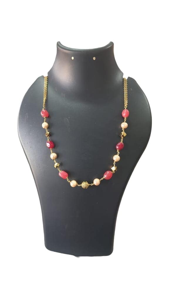 Red and Gold Beaded Necklace with Pearl Accents view 2