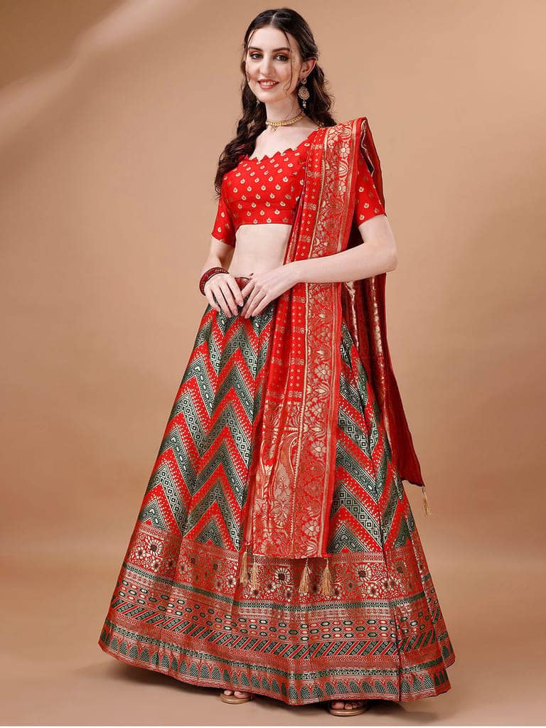 Green & Red Semi-Stitched Lehenga & Unstitched Blouse With Dupatta view 2