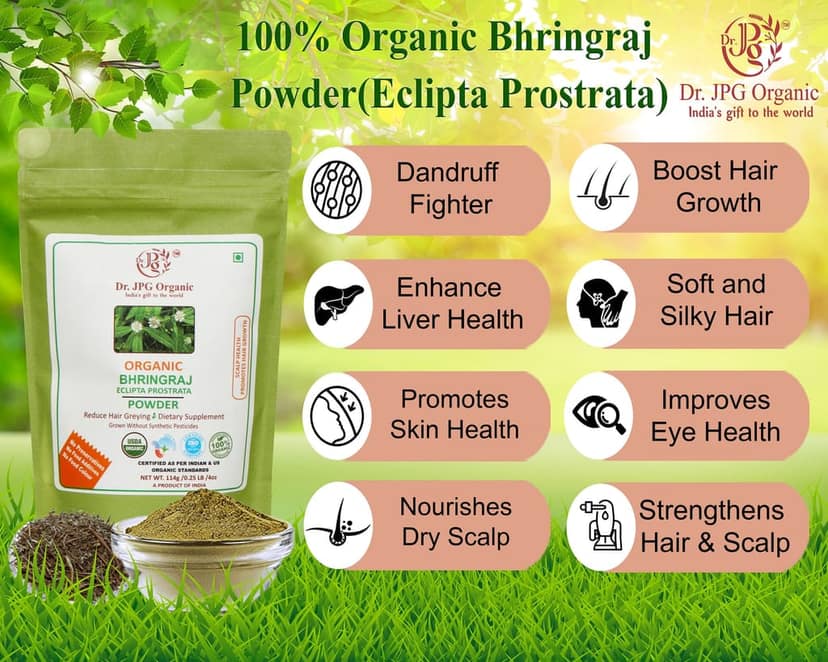 Dr. JPG Organic Herbals Bhringraj Powder For Hair & Scalp Health 228g | Eclipta Prostrata | INDIA ORGANIC Certified. (114g X 2PC=228g) view 2