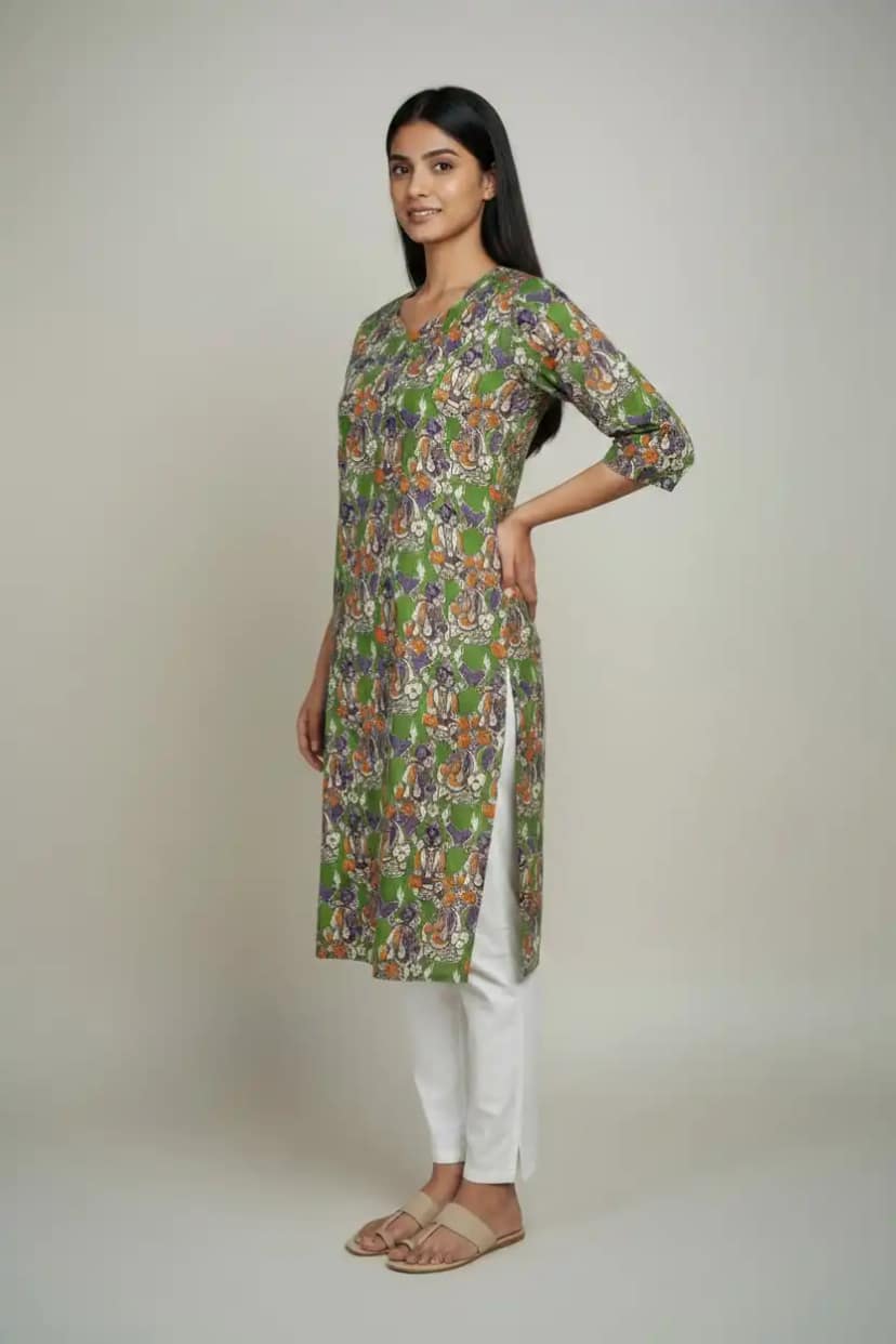 Pedana Kalamkari Screen-Print Cotton Kurti with Temple Border view 2