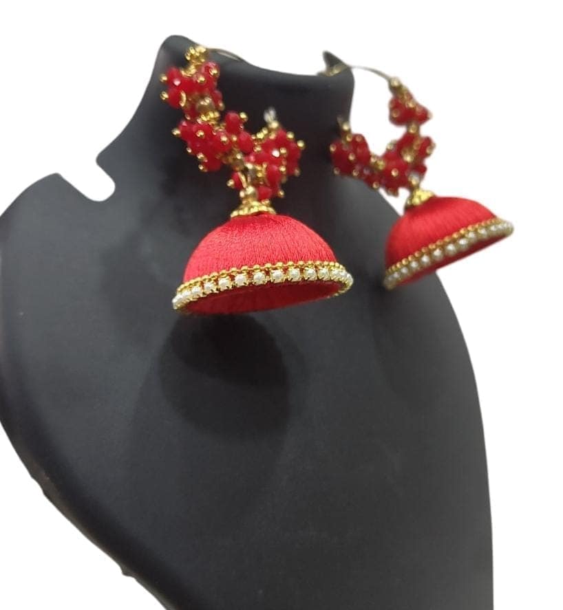 Red Silk Thread Jhumka Earrings with Kundan and Pearl Detailing view 2
