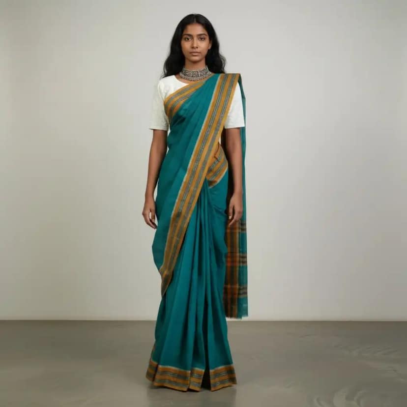 Narayanpet Handloom Cotton Saree in Rama Green, Chikki Paras Border