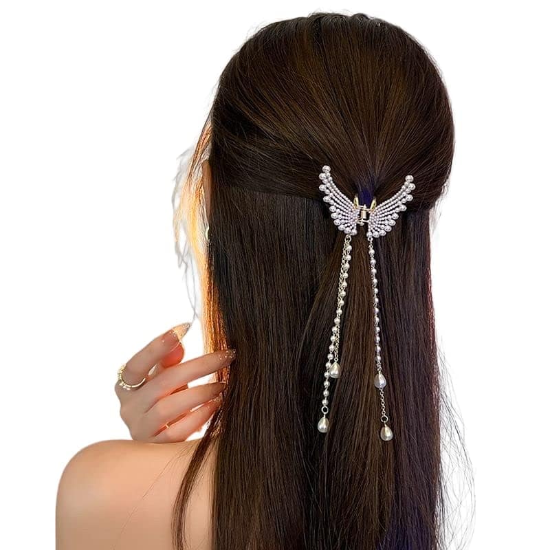 Blubby Premium White Butterfly Metal Hair Claw Clip for Women & Girls | Elegant Pearl Tassel Hair Clutcher | Strong Hold Fashion Hair Accessory view 2