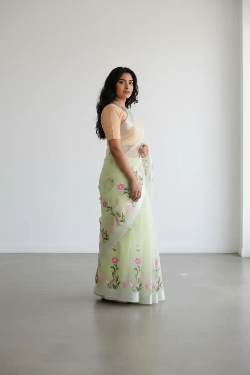 Pistachio Green Kota Doria Saree with Block-Printed Florals and Zari Border