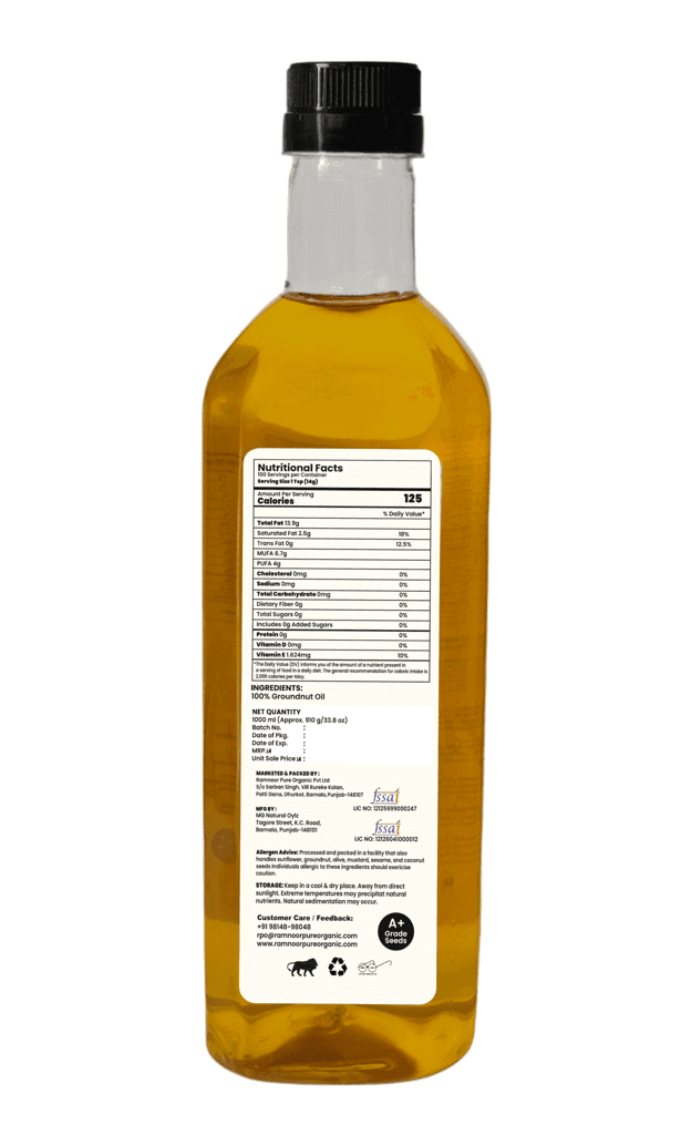 Ramnoor Pure Organic Cold Pressed Groundnut Oil 1L | Kachi Ghani Peanut Oil | 100% Pure & Natural | Unrefined | Chemical Free | Cooking Oil view 2