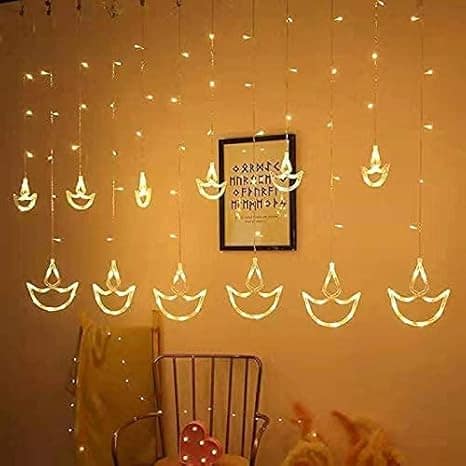 12 Diya 138 LED Diya String Lights Curtain String Lights with 8 Flashing Modes for Home Decoration