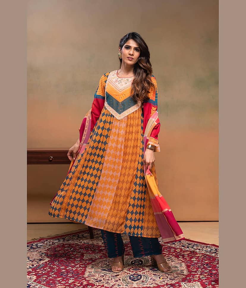 Juniper Women Polyester Embellished A-line Kurti With Pants ( Mustard ) view 2