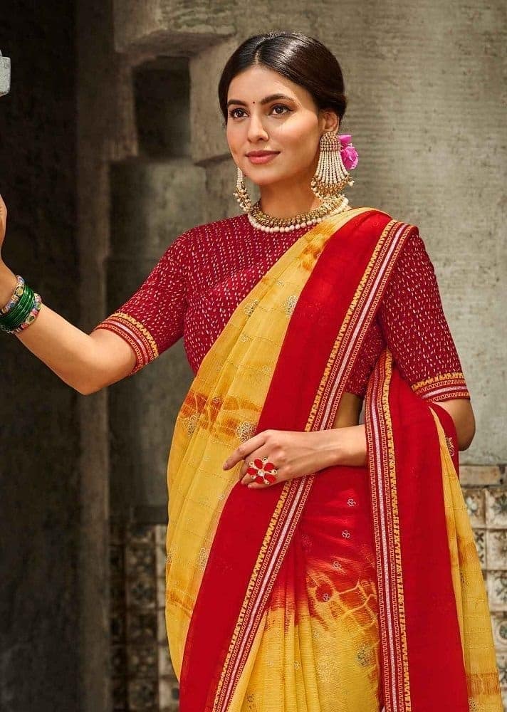 Multicolor Color Foil Print Chiffon Saree With Fancy Border And Fancy Blouse Piece view 2