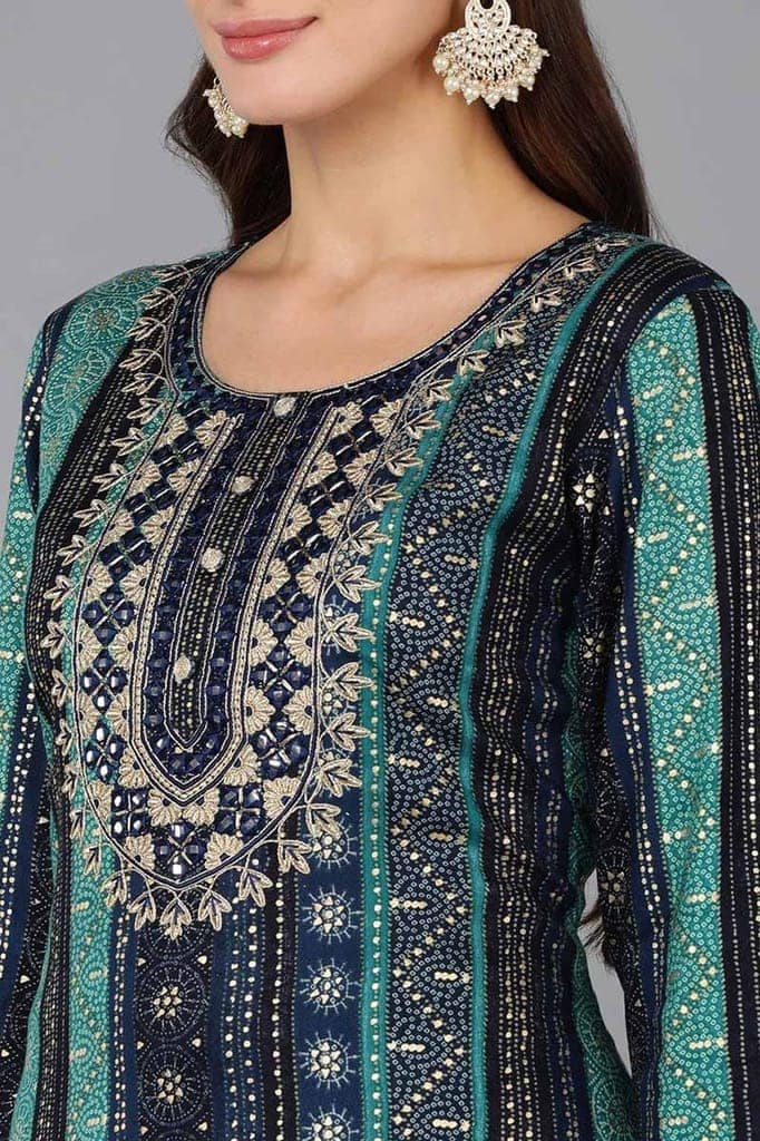 Navy Blue Viscose Rayon Geometric Embroidered Straight Kurta VCK9061 view 2