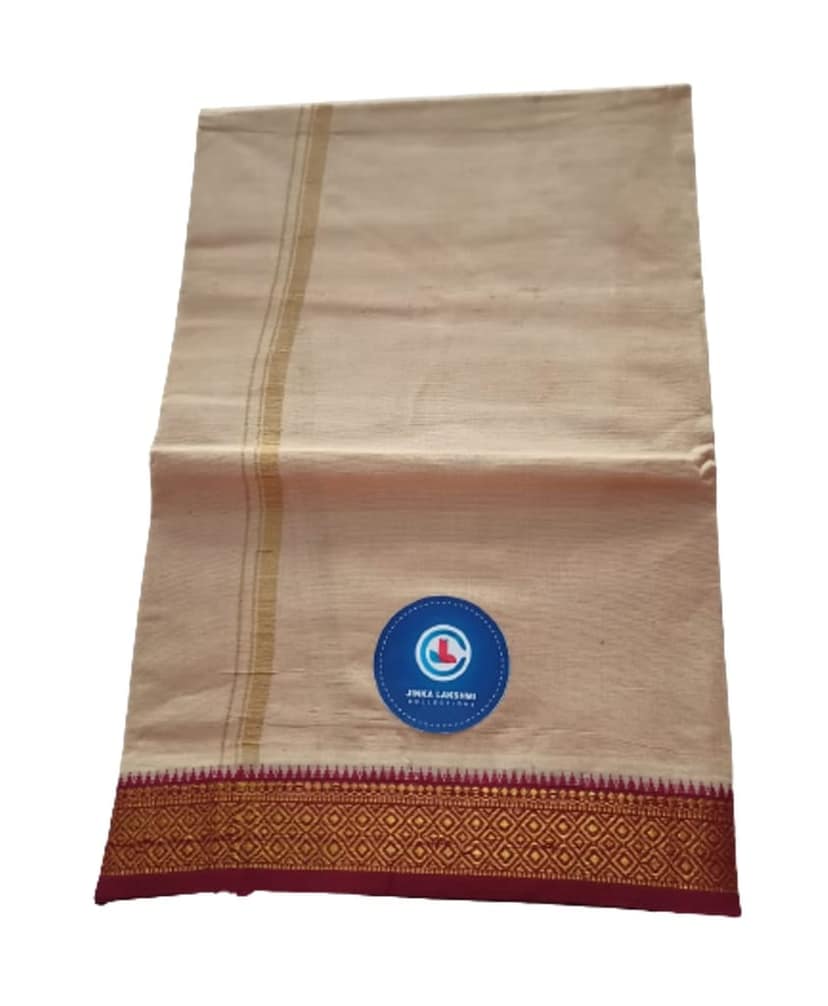 Jinka Lakshmi Collections 100% Handloom Cotton Biege Color Dhoti With Zari Border Up and Down 4 Meters Unstitched Pack of 2 (ulticolor-04) view 2