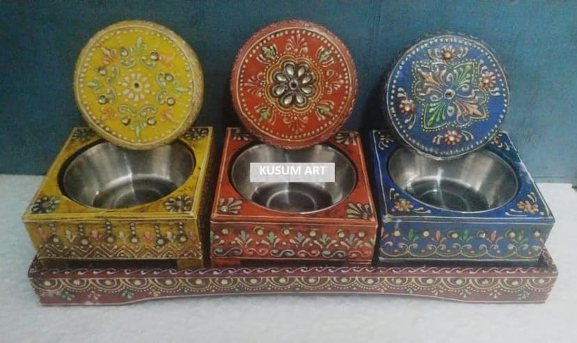 Kusum Art Wooden hand Painted Decorative dry Fruit Box with 3 Removable Box With Bowl For Decor Your Dining Set view 2