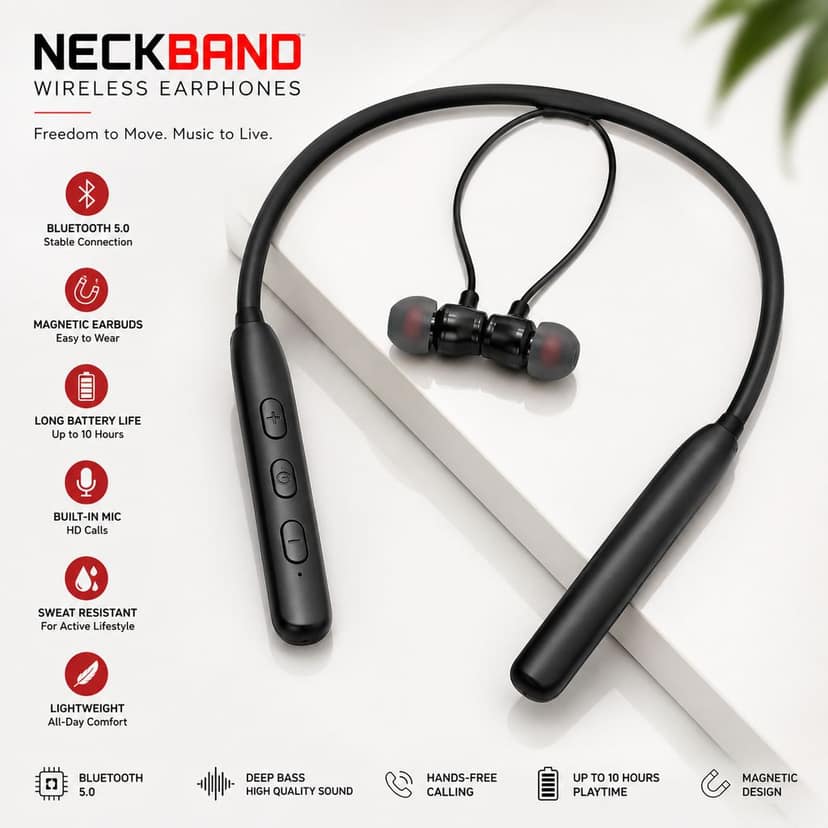 Wireless Bluetooth Neckband in-Ear Earphones, 10MM Dynamic Bass Boost Driver, 24 Hours Playback, Volte, Audible Battery Alert, V4, Stand By Time Up to 7 Days view 2