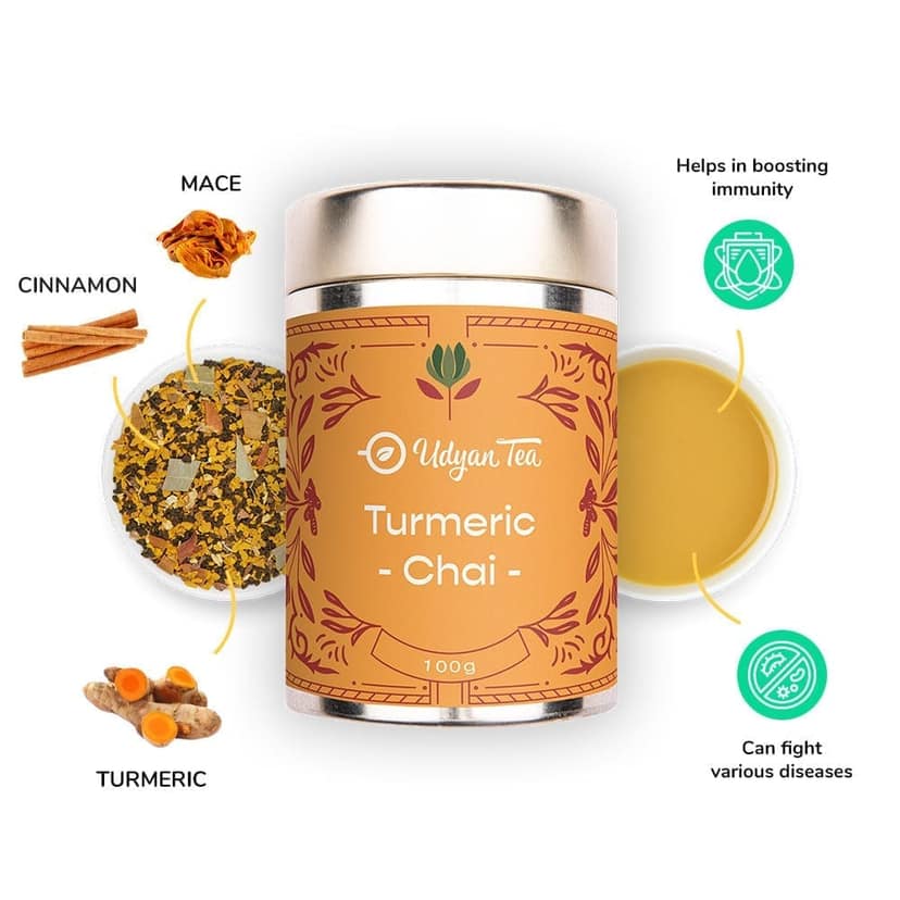 Udyan Tea Turmeric Chai Tea with Cinnamon, Ginger, Mace, Bay Leaves (Herbal), 100% Natural, Boosts Immunity