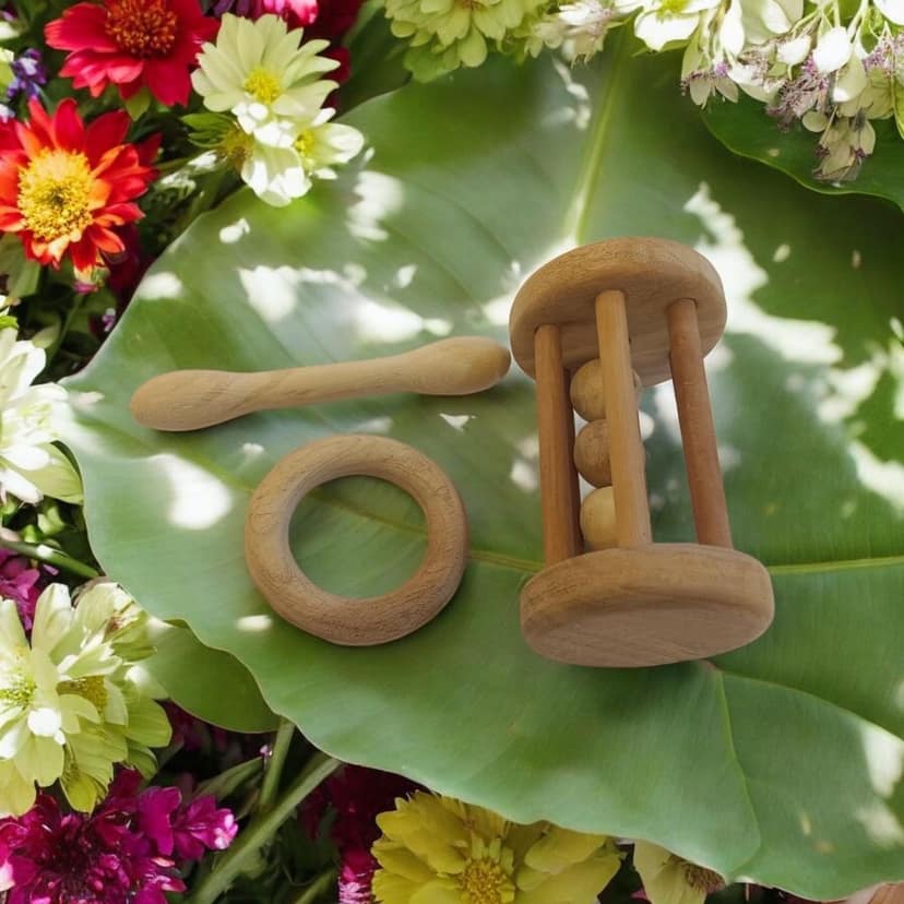 Neemtoys Neem Wooden Combo of Tumbler Rattle and Teethers of Shapes Dumbbell and Ring Shapes Teether, Teething Toy for Babies with Multiple Textured Surface (Brown) view 2