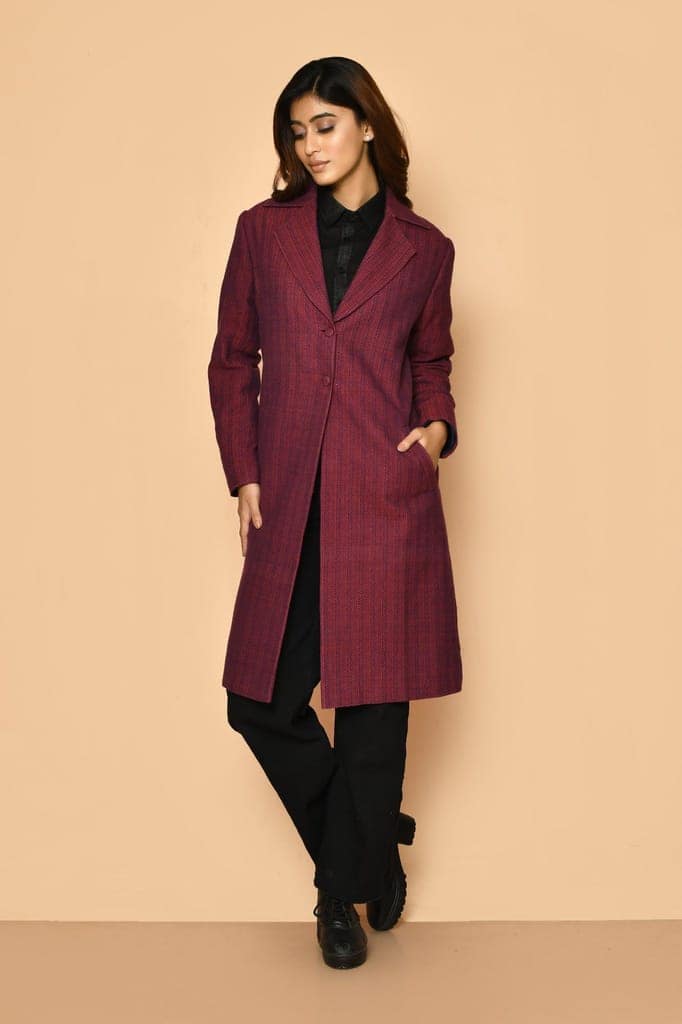Mrinal handloom cotton trench coat jacket for women view 2