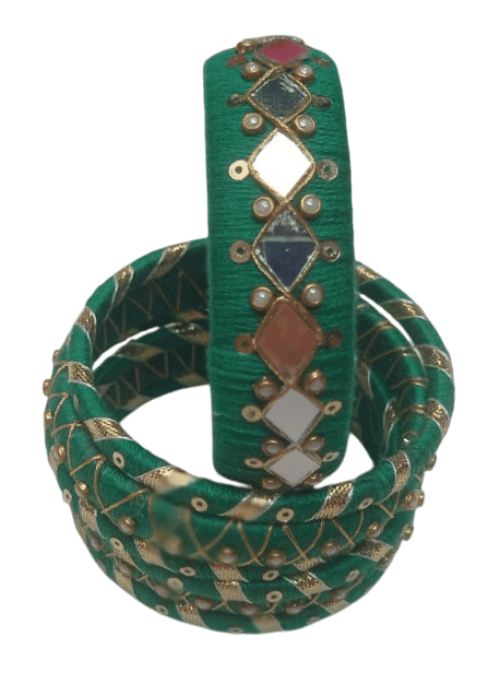 Green Cotton Thread Bangles with Pearl and Mirror Work - Set of 6 view 2