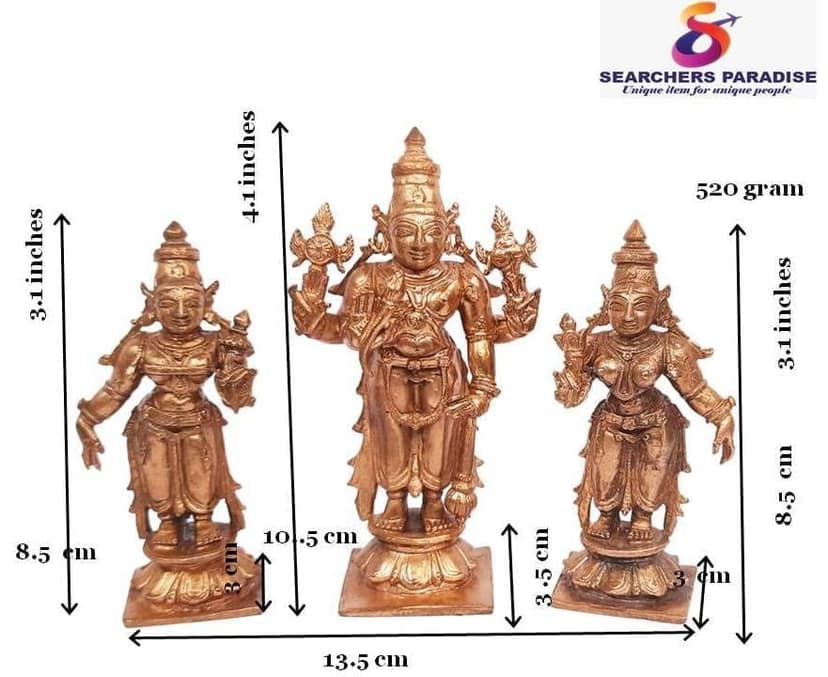 Searchers Paradise - Copper Idols Srinivasa Perumal with Sridevi and bhudevi ,4.1 inches, Copper Handmade 520 Grams, Patina Antique Finish, Pack of 1 Piece view 2