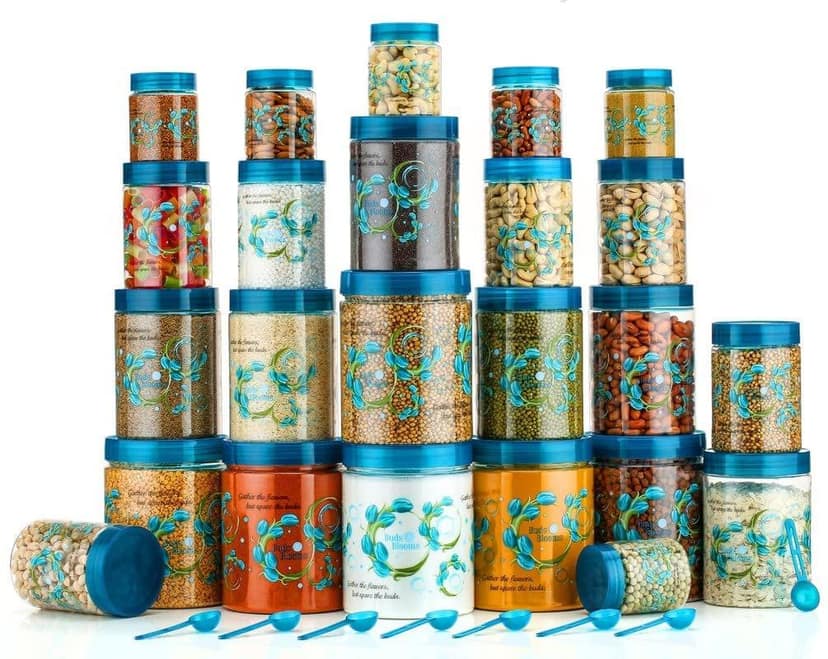 HAPPI Multipurpose Unbreakable Plastic Flower Printed Airtight Container Set Masala Box For Kitchen Storage Box Dabba For Spice, Pack of 24 (6 Pcs of 350ml, 650ml, 1200ml, 2000ml with 24 Spoons)