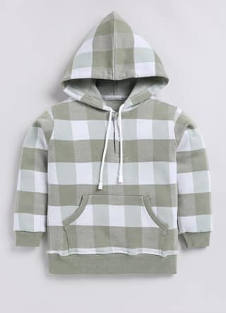 Green and White Checkered Full Sleeves Hooded Sweatshirt for Boys