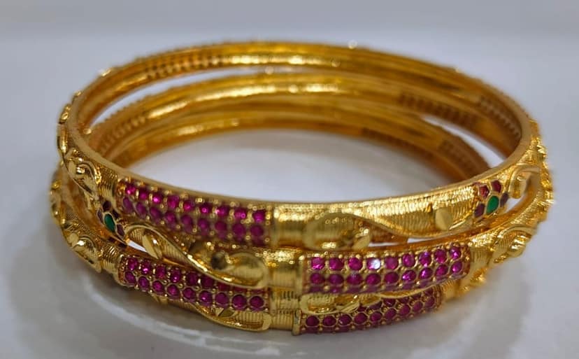 Gold Plated Bangle Set with Pink Stones