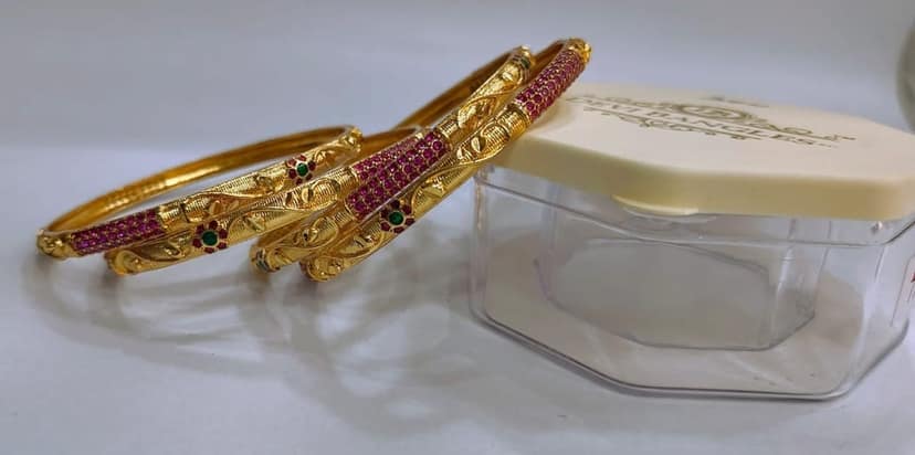 Gold Plated Bangle Set with Pink Stones view 2
