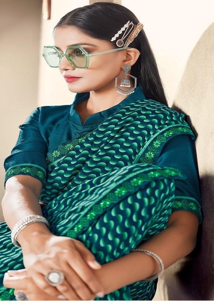 Digital Printed Georgette Saree in Teal Blue view 2