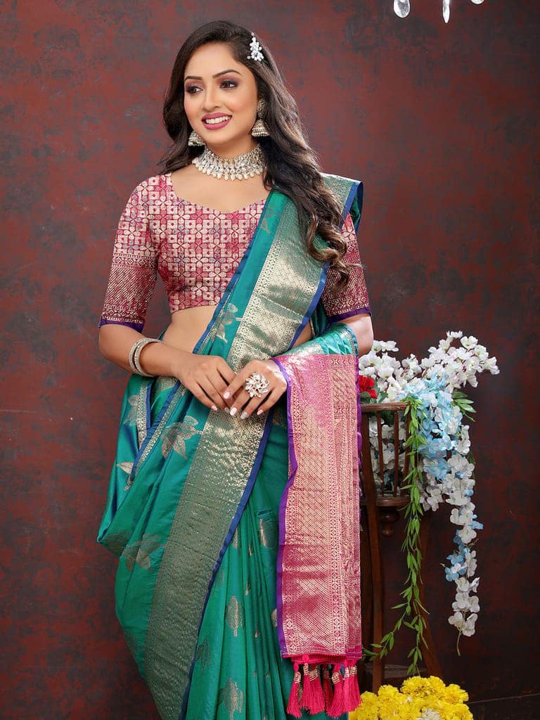 Teal Soft Silk Woven Design Zari Weaving Saree view 2