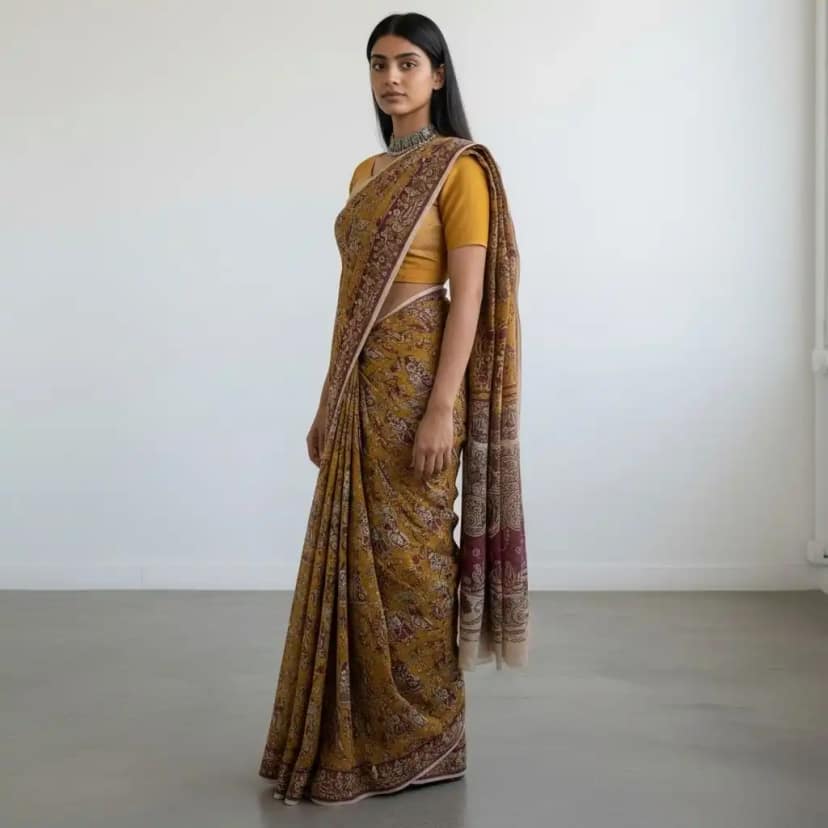Mustard Mulmul Cotton Kalamkari Saree with Magenta Pallu, Pedana view 2