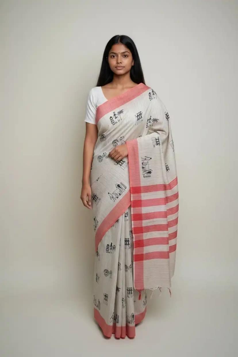 Handwoven Sambalpuri Baandha Ikat Cotton Saree in Ivory with Red Border