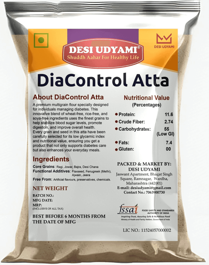 Desi Udyami's Dia-Control Atta: A Sugar-Free Multigrain Flour for Healthy Living | DiaControl Multigrain Atta for Diabetes Care | Low Glycemic, High Fiber Flour | Natural Ingredients for Healthy Blood Sugar 4 Kg (pack of 5) (pack of 2) view 2