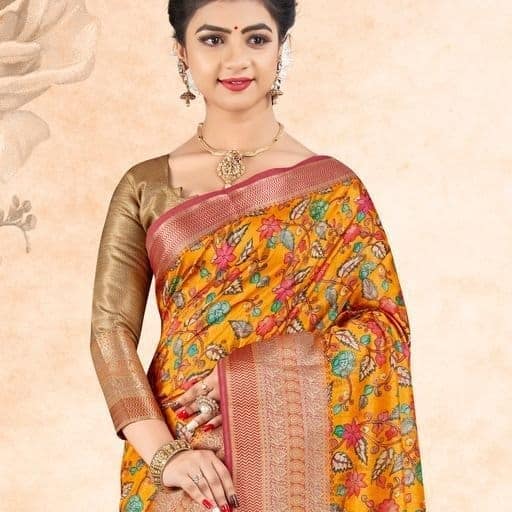 Digital Printed Art Silk Saree in Mustard view 2
