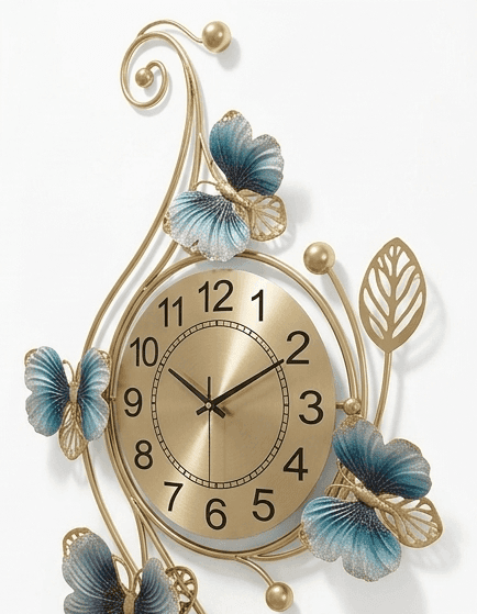 Royal Butterfly Sweep Wall Clock – Handcrafted Horizontal Metal Art in Teal & Gold view 2
