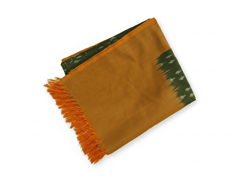 Ikat Patterned Green and Gold Stole with Fringes