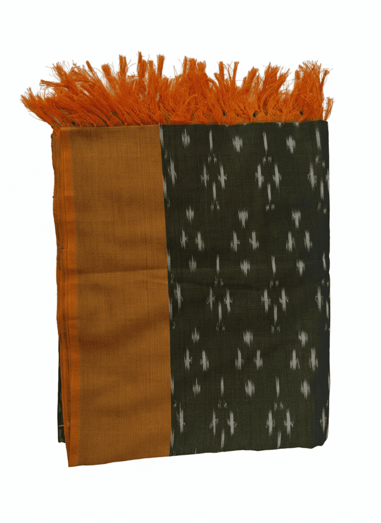 Ikat Patterned Green and Gold Stole with Fringes view 2